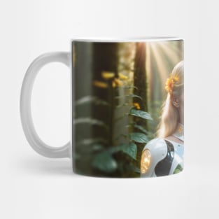 Blond girl robot in forest Mug